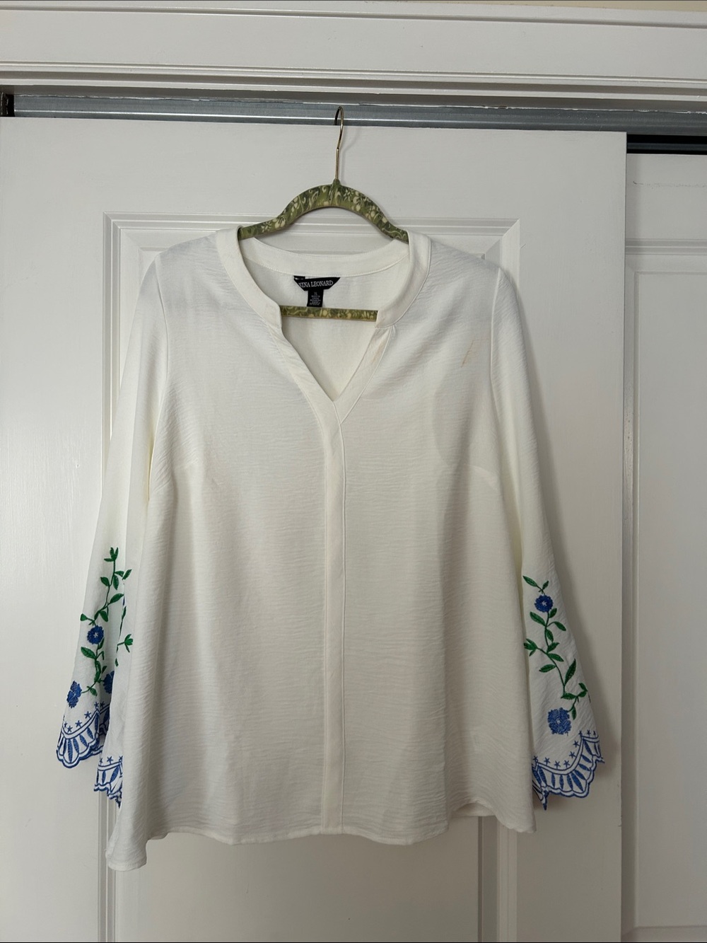 Nina Leonard White V-Neck Blouse with Blue and Green Embroidered Sleeves